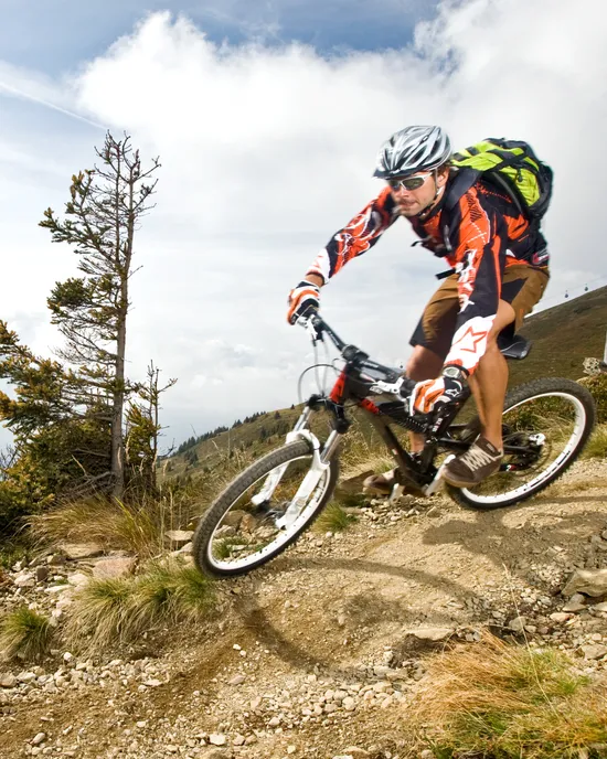 Mountainbiker fährt bergab auf steinigem Pfad mit Alpenpanorama im Hintergrund